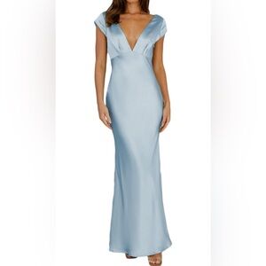 Woman Satin V Neck Blue Wedding Guest Dress Size S